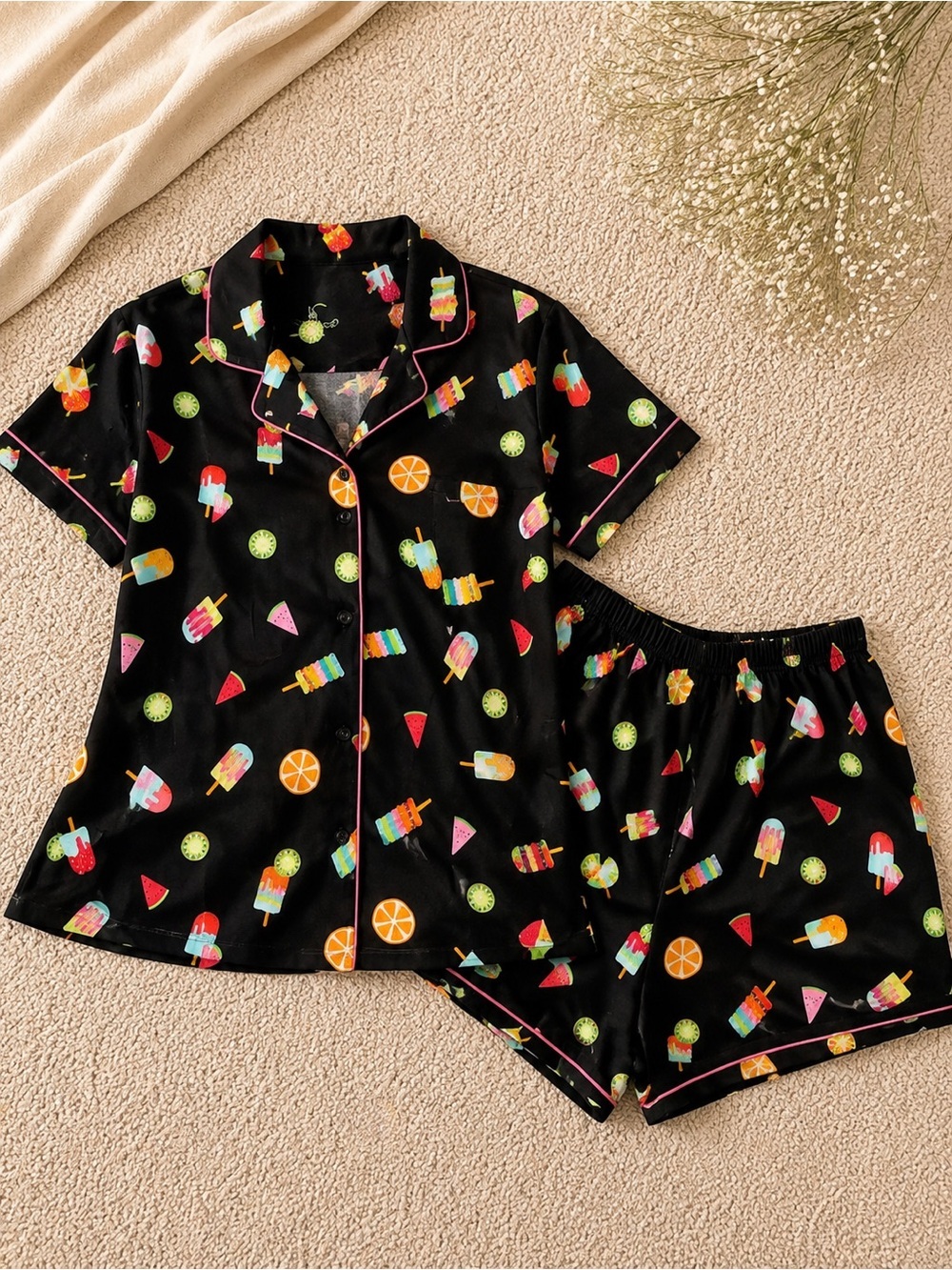 Cuddl Duds Black Popsicle & Fruit Short Pajama Set with Pink Trim